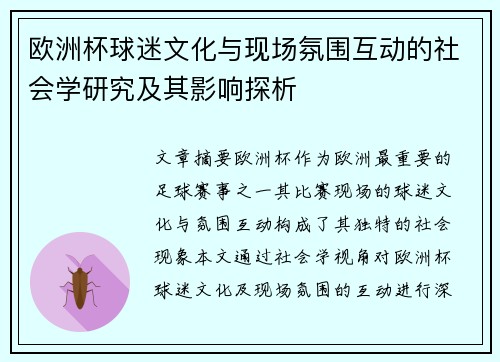 欧洲杯球迷文化与现场氛围互动的社会学研究及其影响探析