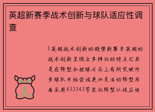 英超新赛季战术创新与球队适应性调查